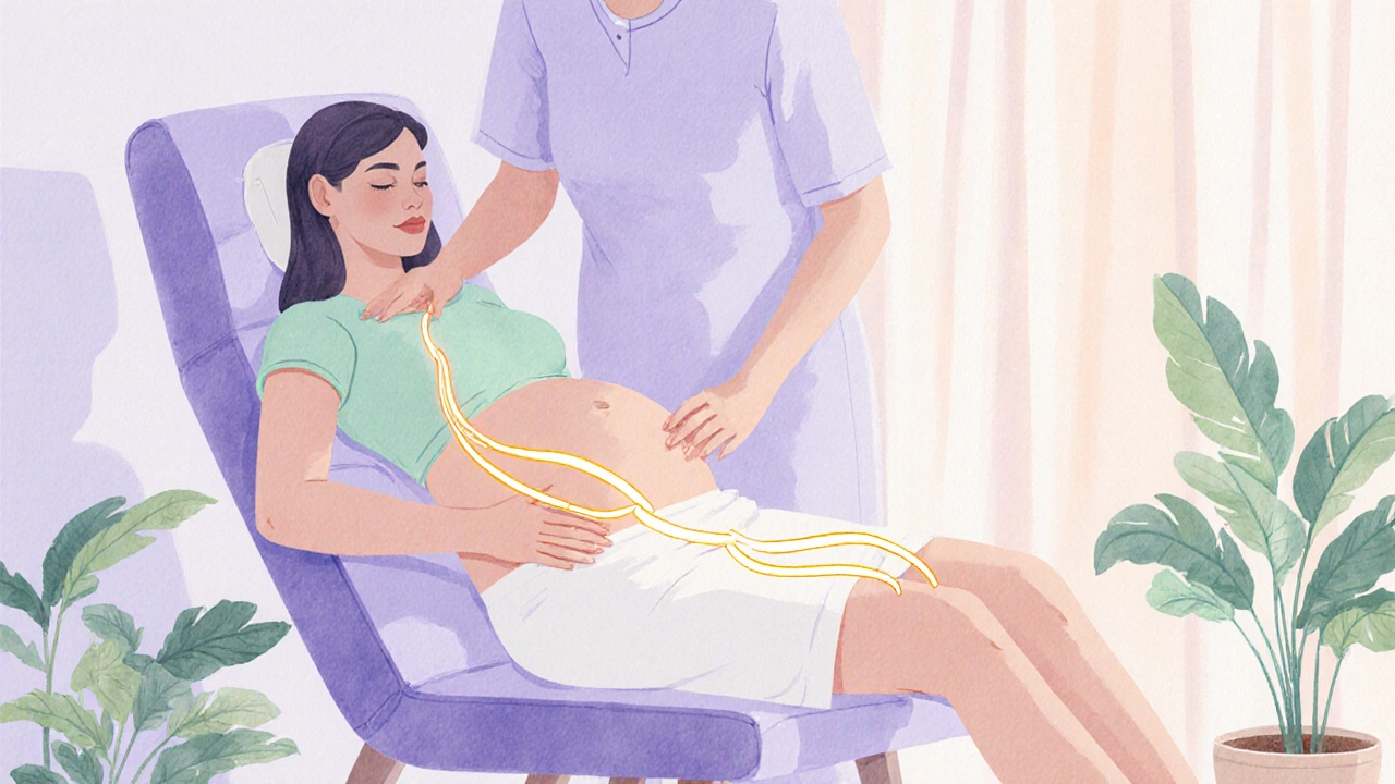 Masáž těhotné – ruky maséra hladce pracují na bocích a nohou, kolem září jemné linie.