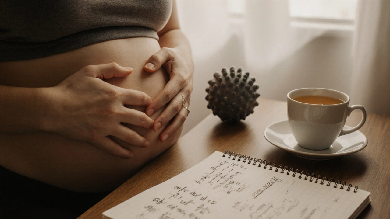 Nová matka se dotýká břicha po porodu, na stole jsou masážní míček a poznámky.