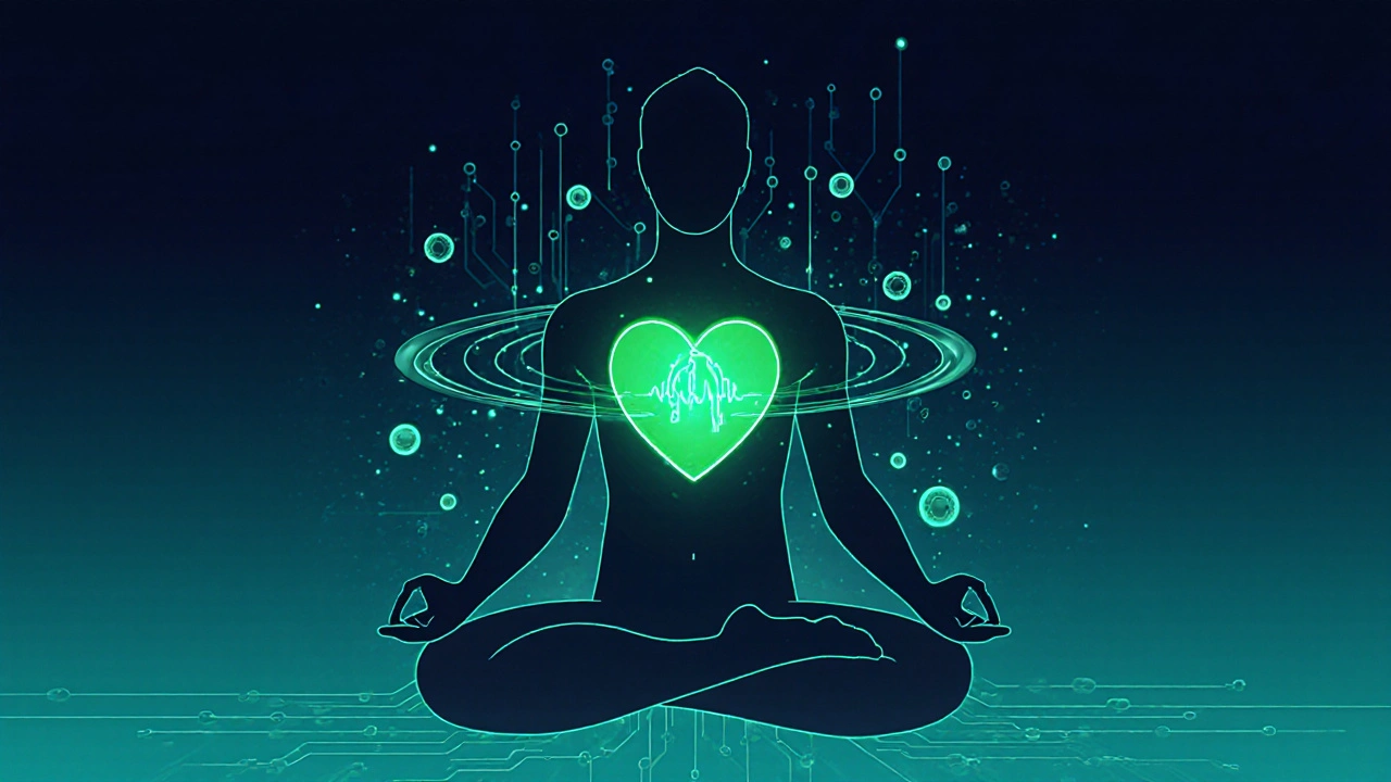 Silhouette v meditaci, zářící srdce a kruhy zobrazující nižší krevní tlak.