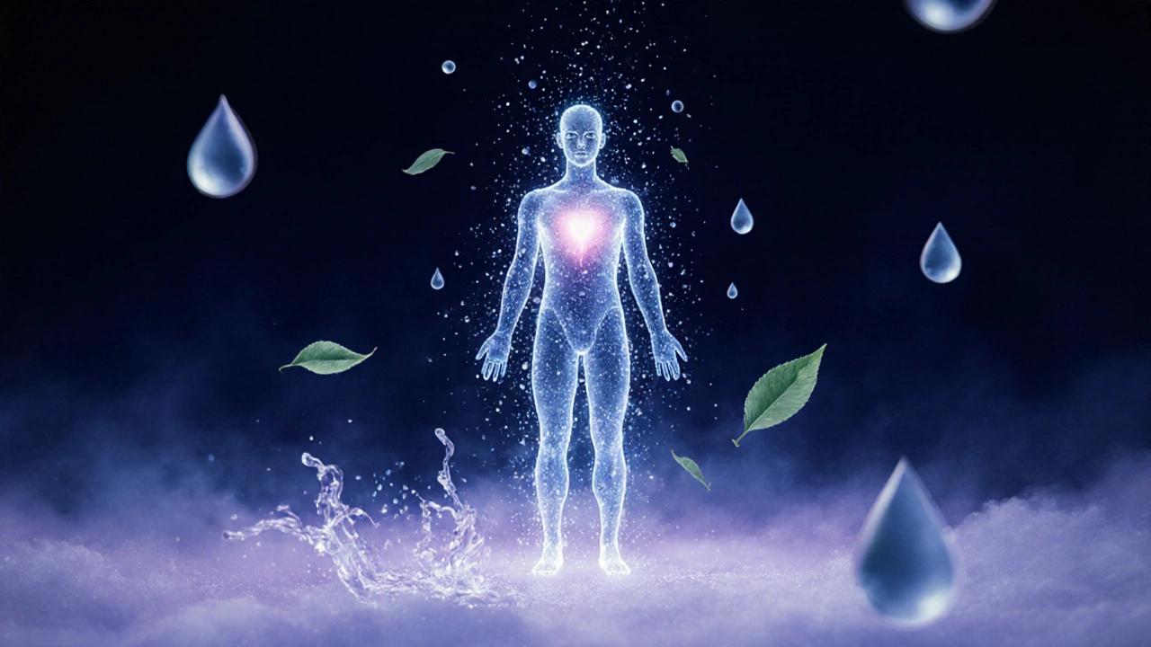 Tělo se mění v proudy světla a tekutin, symbolizující uvolnění stresu.