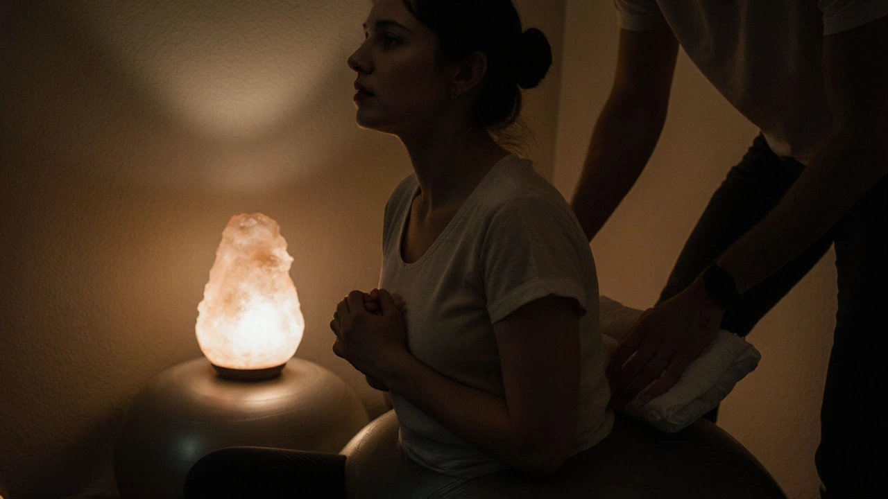 Žena v porodu dýchá na porodním míčku, partner jí podává chladný kompres.