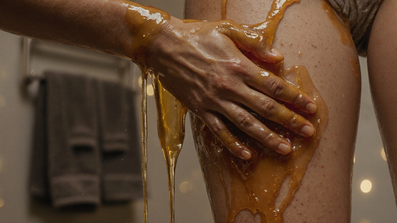 Detailní záběr rukou odtrhávajících med od kůže, viditelné vlákna medu, textura kůže a medu, klidné prostředí domácnosti.