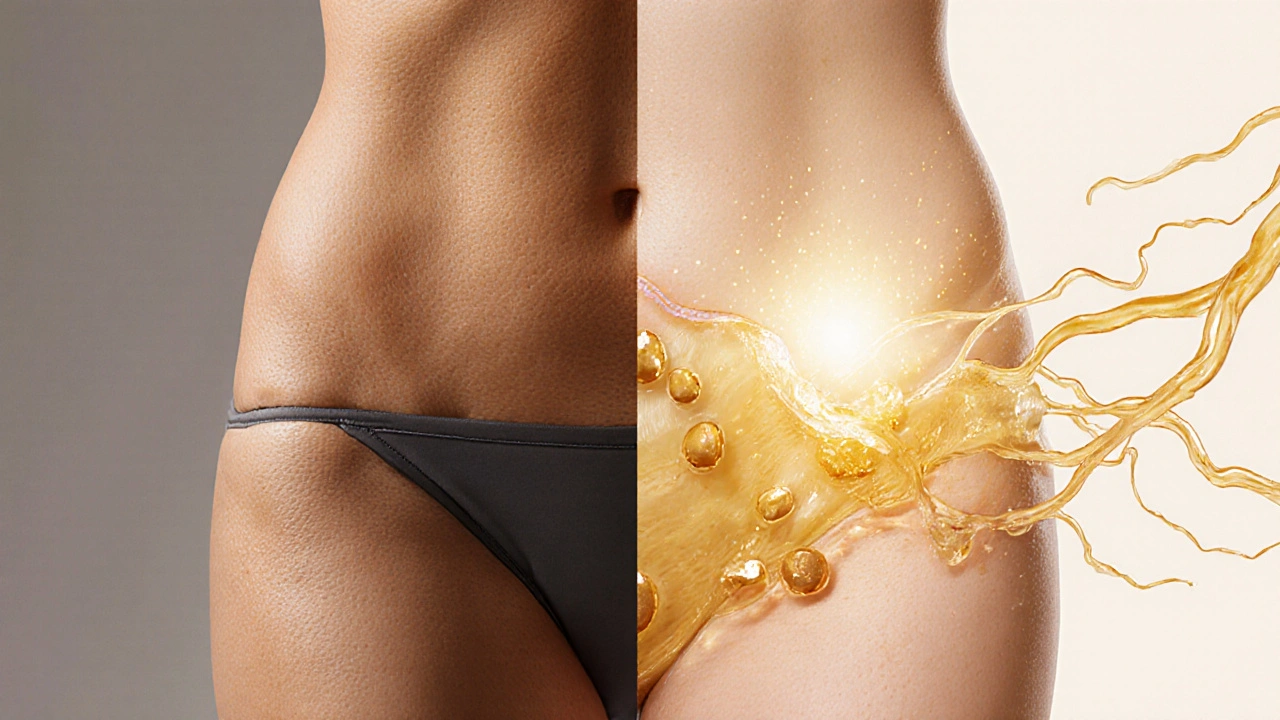 Konceptuální obraz přeměny celulitidy: zčervenalá a drsná kůže převádí se na hladkou, zlatavě zářící kůži s medovými částicemi.