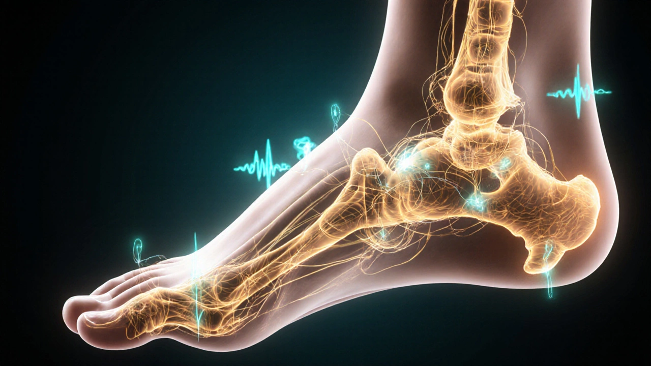 Kresba nohy s osvětlenými spoji mezi reflektorovými body a vnitřními orgány.