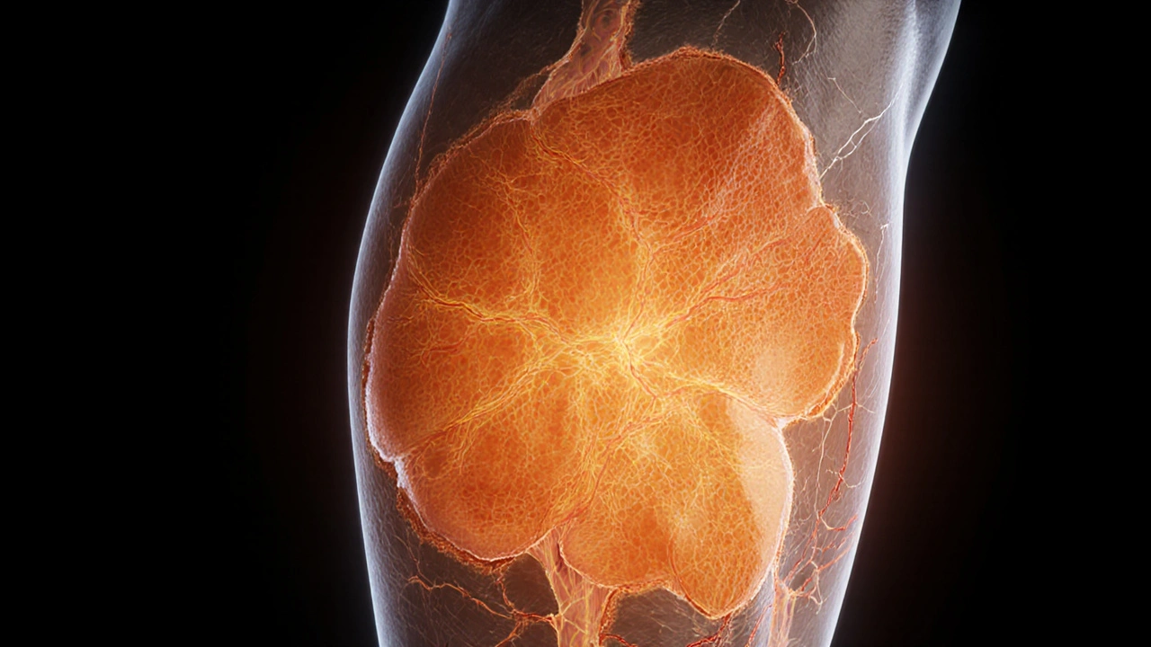 Křížový řez nohy ukazující strukturu celulitidy pod kůží.