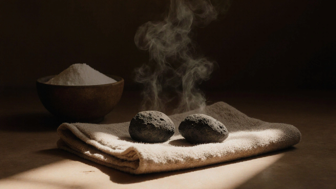 Lávové kameny vysychají na lněném ručníku daleko od slunce.