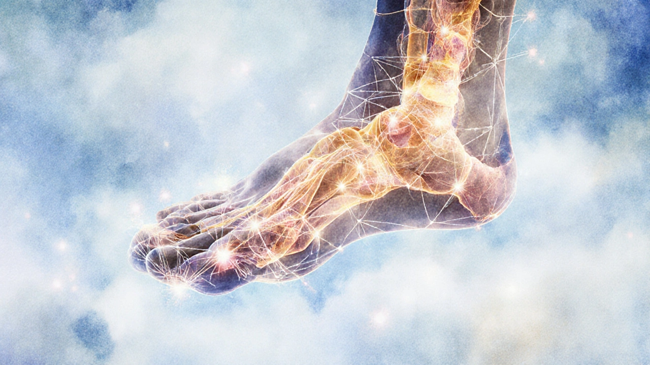 Nakreslená mapa nohy s propojenými orgány pomocí jemných svítících čar.
