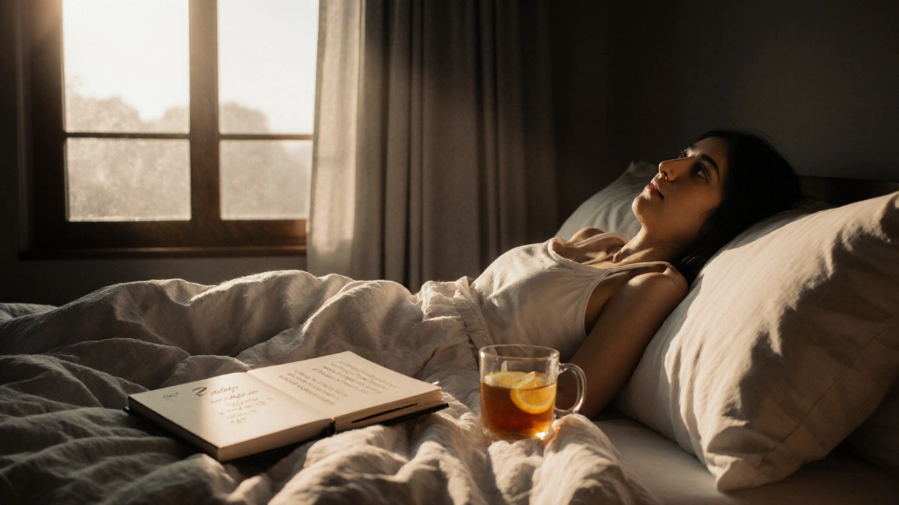 Osoba se probouzí v klidu, bez telefonu, s teplým čajem a přirozeným světlem.