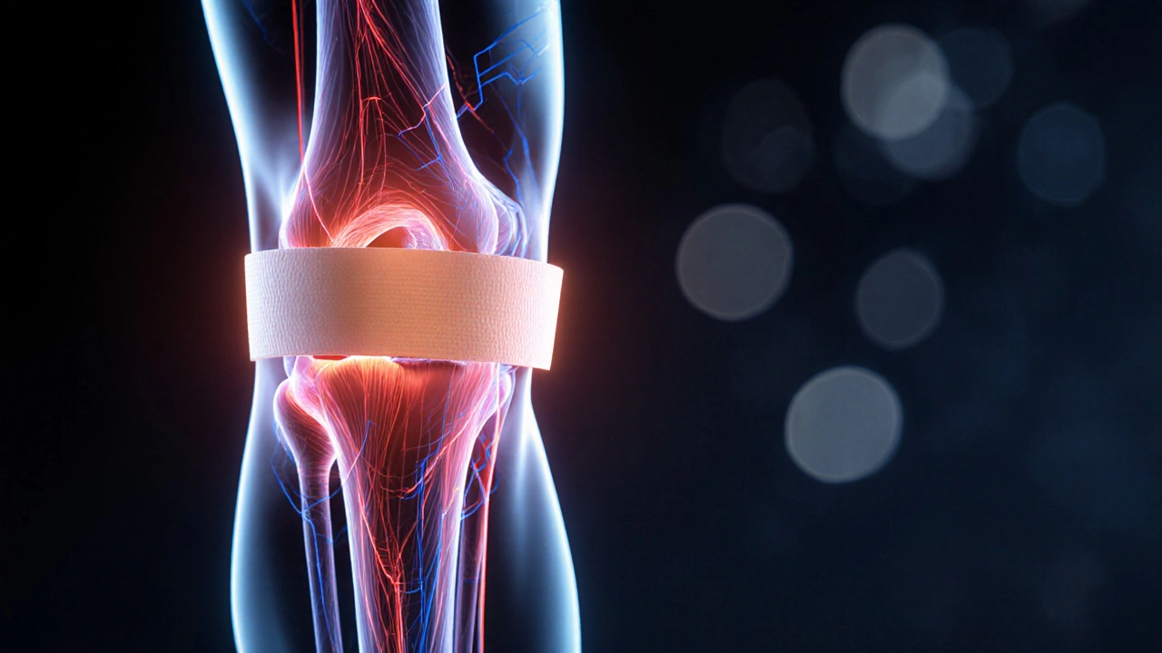 Průhledný pohled na kolenní kloub s podporou tejpování a prouděním krve.