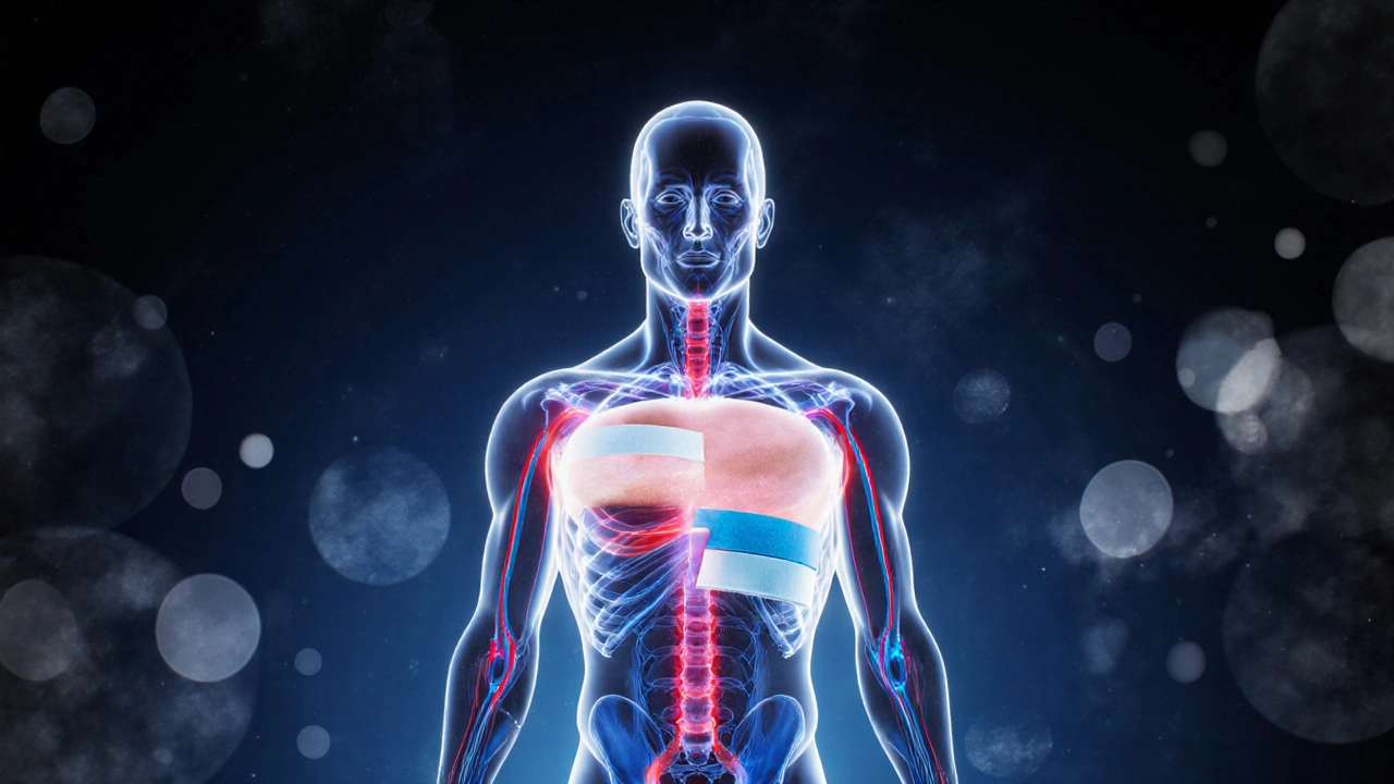 Průřez těla ukazující, jak tejp zvedá kůži a zlepšuje odtok tekutin pod kůží.