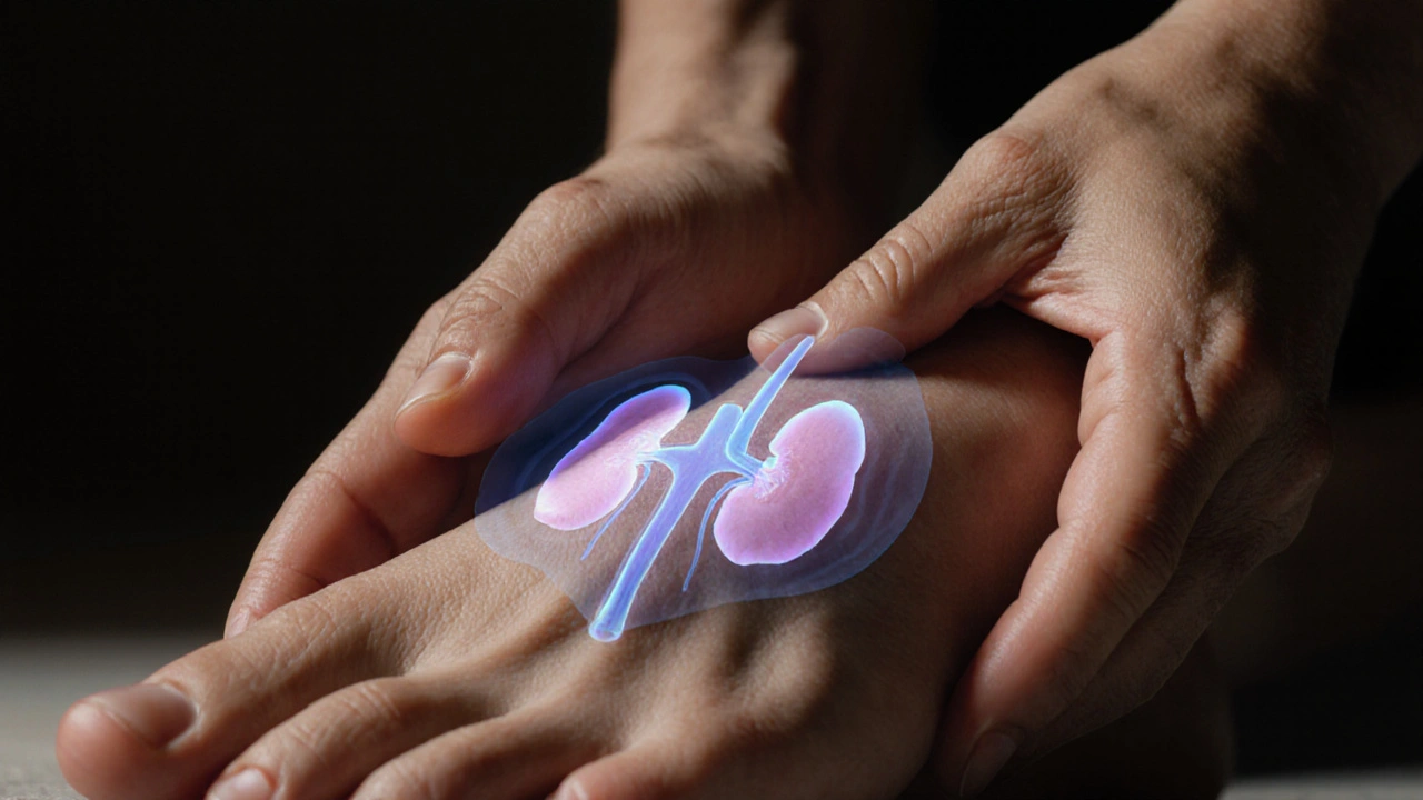 Ruce aplikují tlak na podpatku nohy s jemnými obrazy ledvin a močového měchýře.