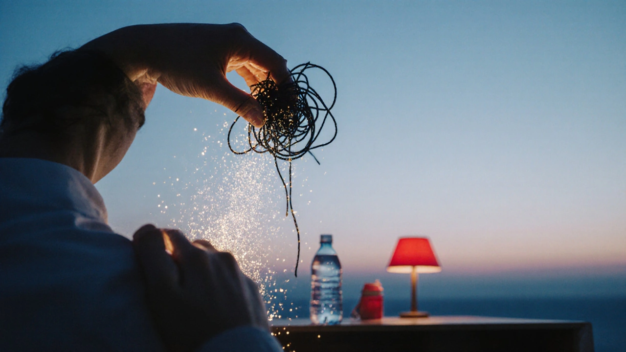 Rukou se uvolňuje uzel napětí, který se mění ve světlo, symbolizující úlevu od migrény.
