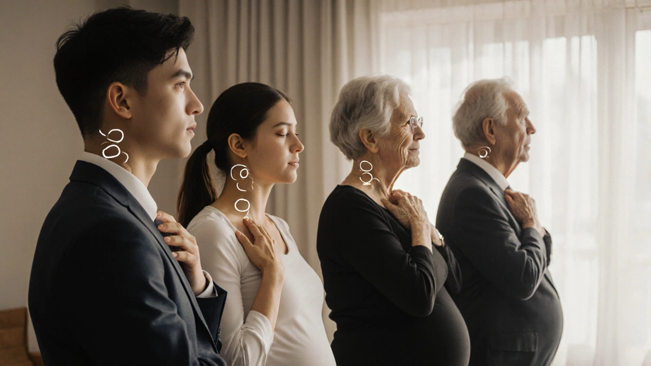 Různí lidé s jemnými značkami po baňkování, klidně stojící v klidném prostředí.