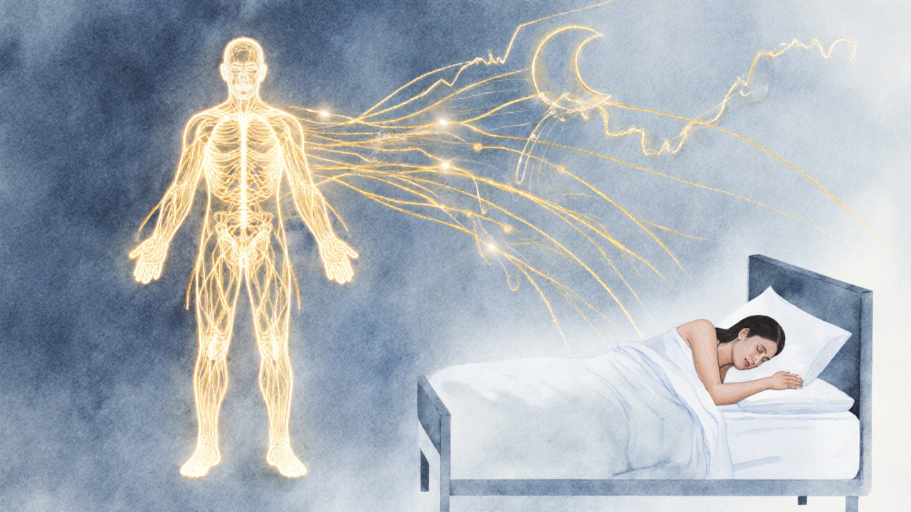Tělo s vykreslenými zlatými energetickými linkami spojenými se spánkem a klidem.