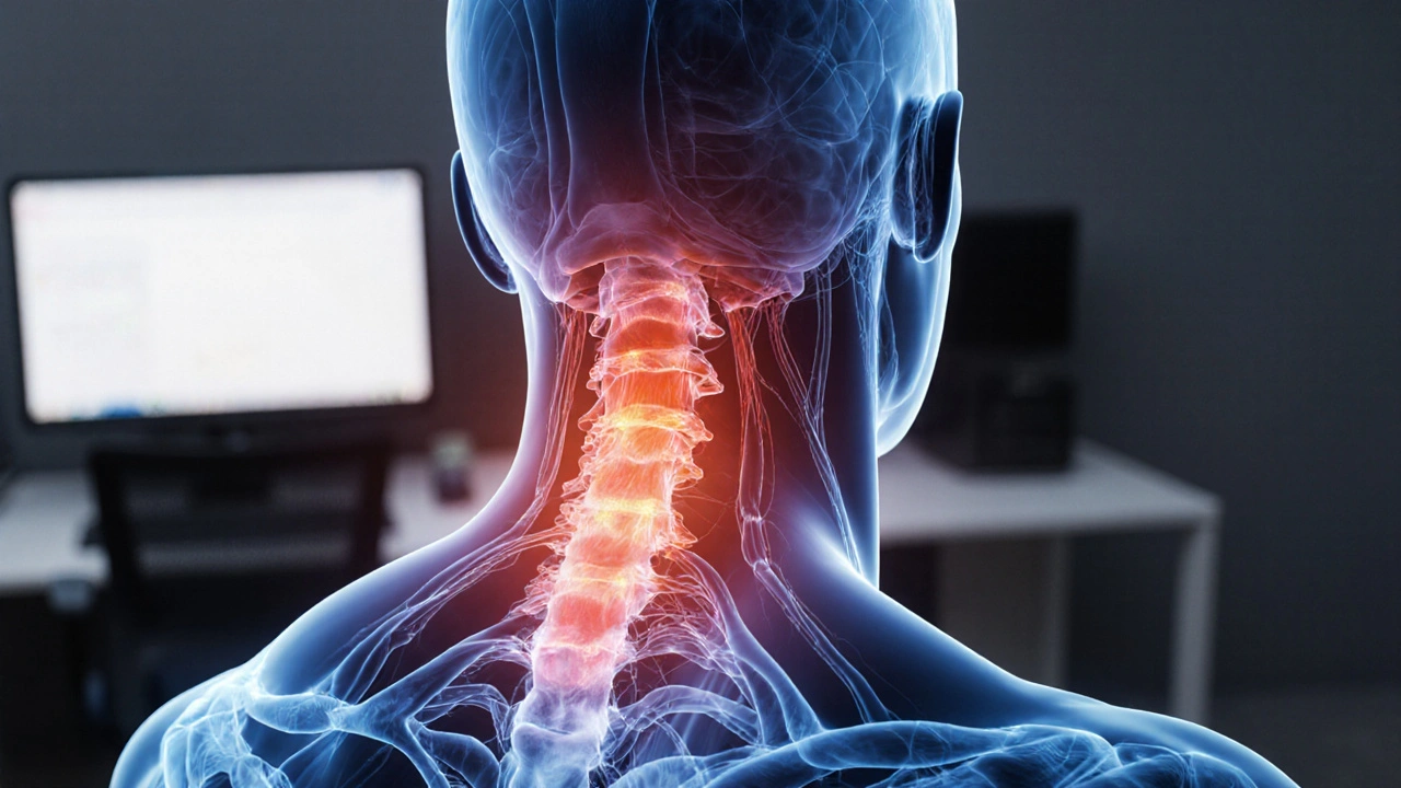 Tlak a uvolnění svalů v oblasti krku a ramen s vizuálním znázorněním napětí.