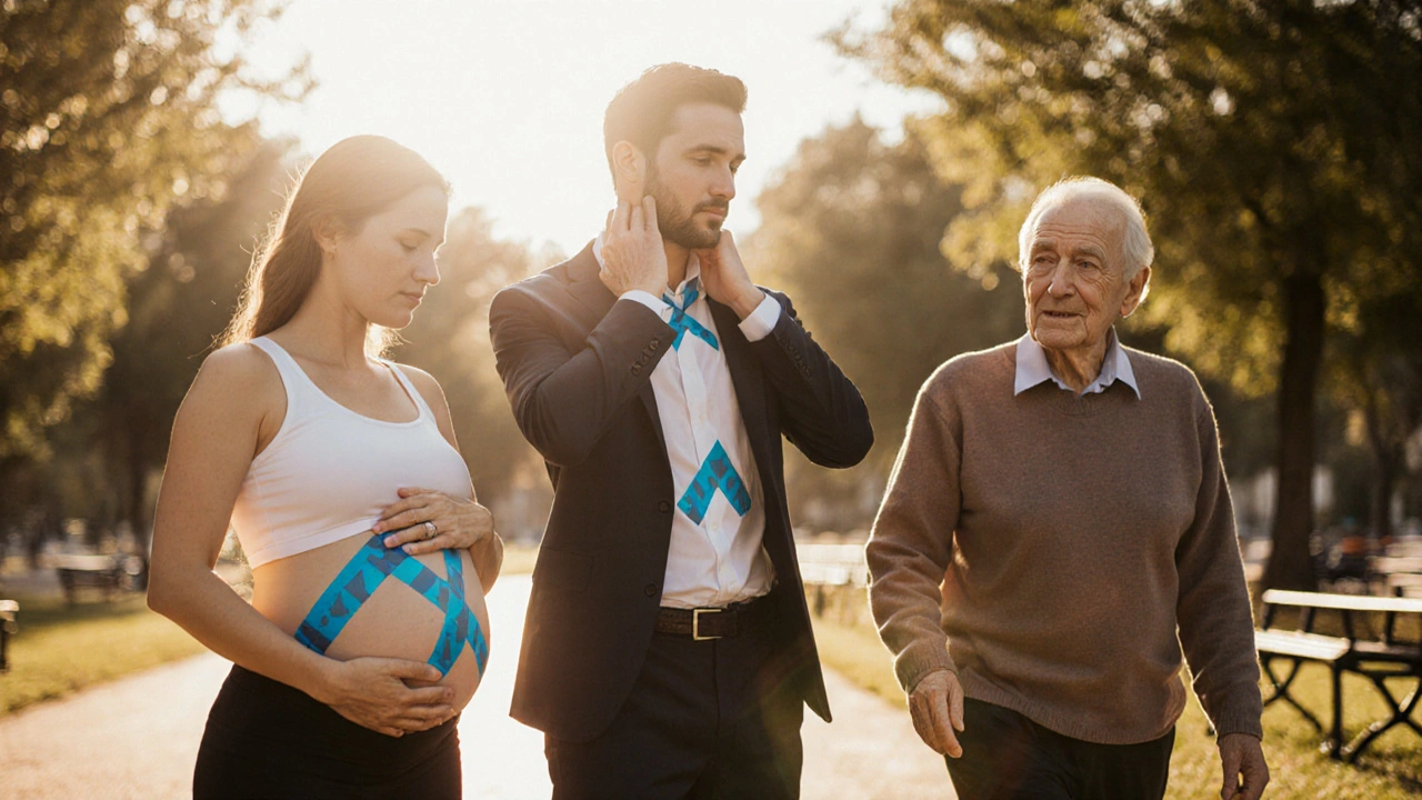 Tři lidé různých věků s tejpem na těle, kteří cítí úlevu od bolesti v běžném životě.
