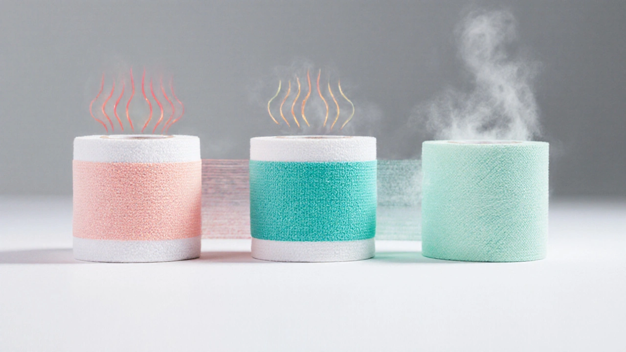 Tři typy obkladů na koleno: standardní, tepelný a chladící, znázorněny vedle sebe.