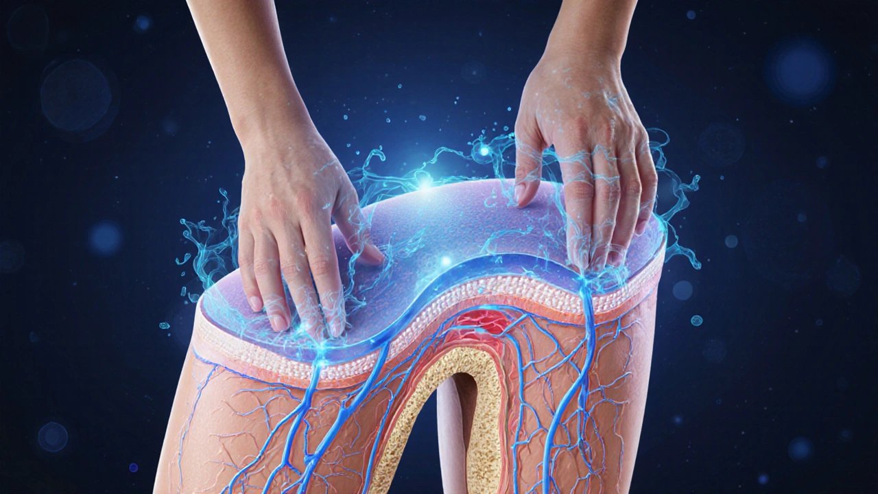 Umělecké znázornění vnitřního procesu masáže: lymfa a tkáně jsou uvolňovány jemnými pohyby.