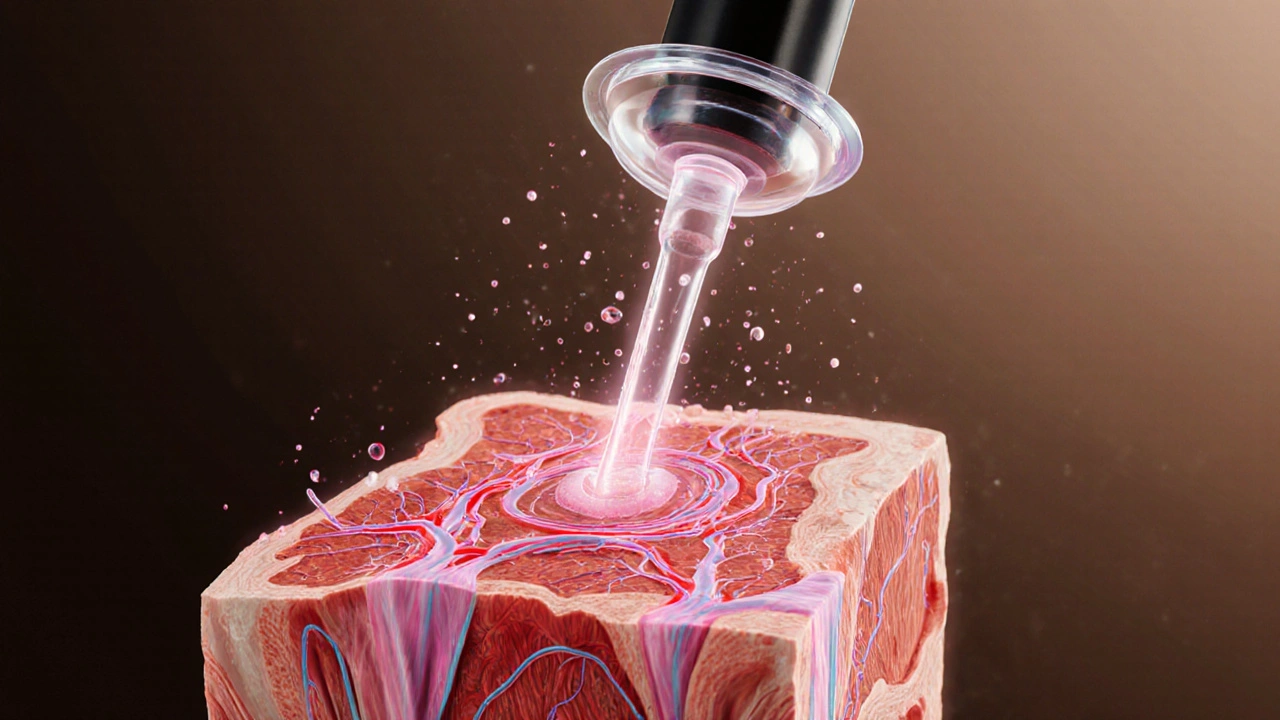 Vnitřní pohled na tkáně pod baňkou s rozšířenými kapilárami a prouděním lymfy.