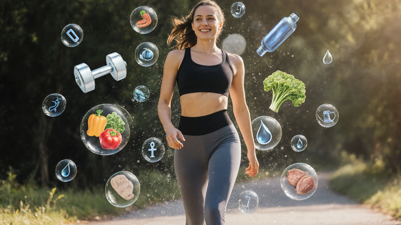 Žena jde po ulici, kolem ní se rozptylují ikony cvičení a zdravé výživy.