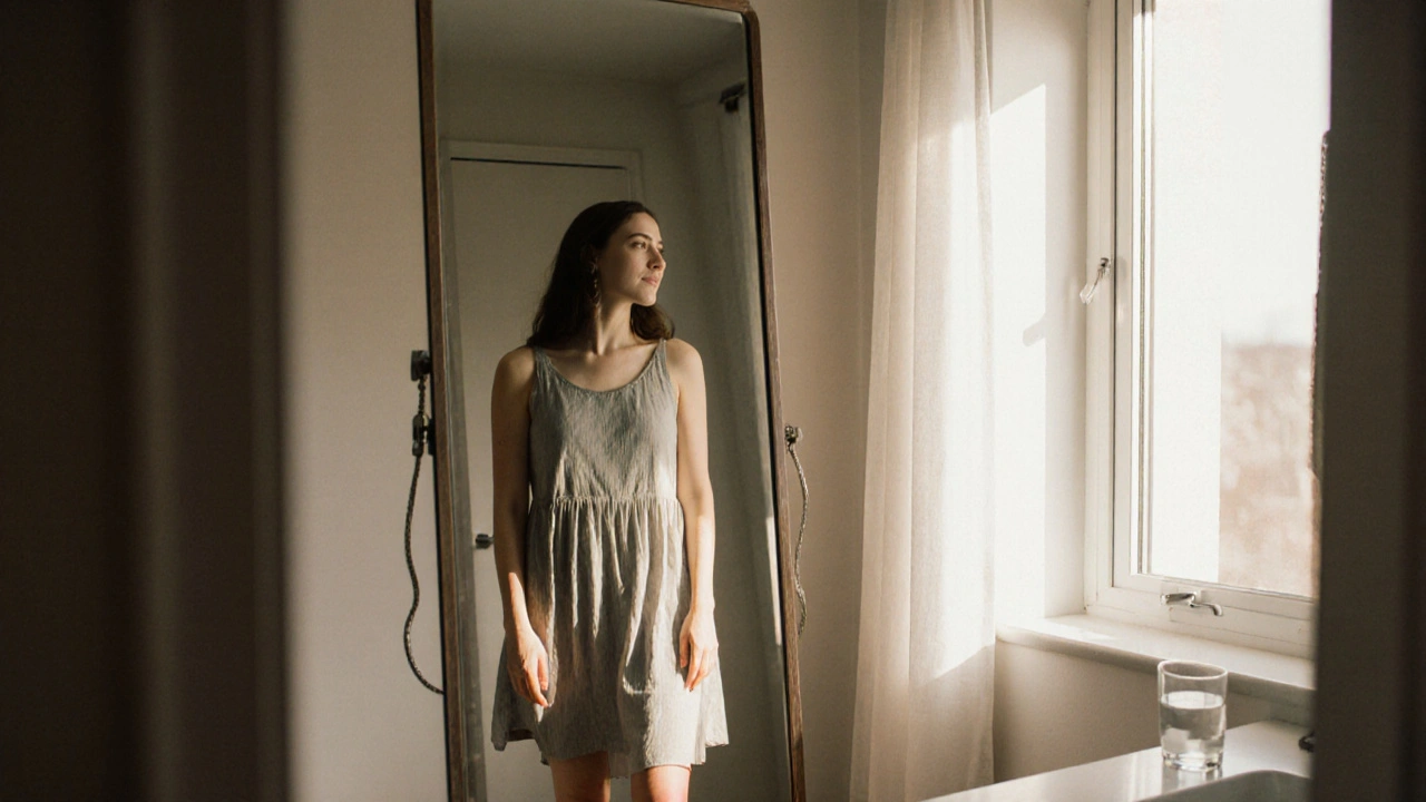 Žena se dívá do zrcadla po šesti sezeních, její kůže vypadá hladší, ve světle rána.