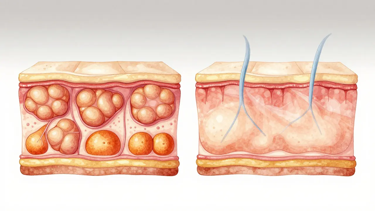 Ilustrace tkáně před a po anticelulitidní masáži s viditelným zlepšením struktury.