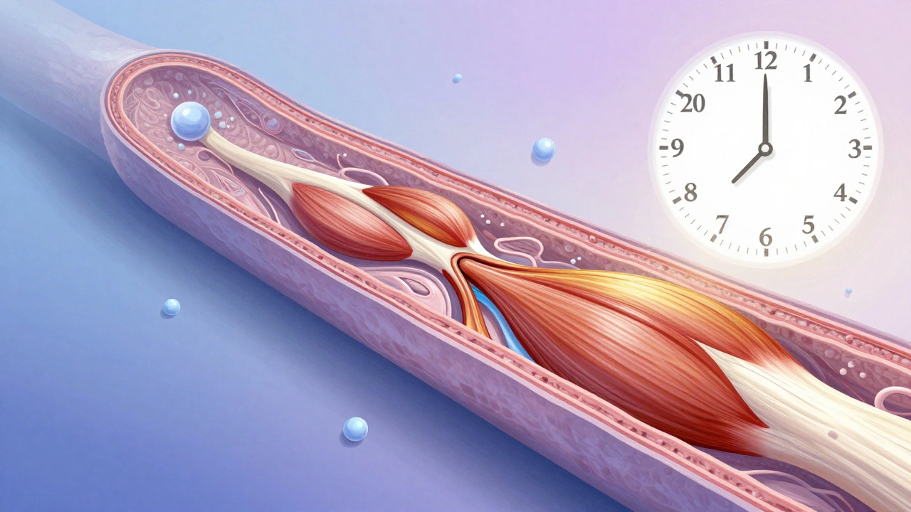 Křížový řez svalu s hojením mikrotraumat a rozptylováním kyseliny mléčné.