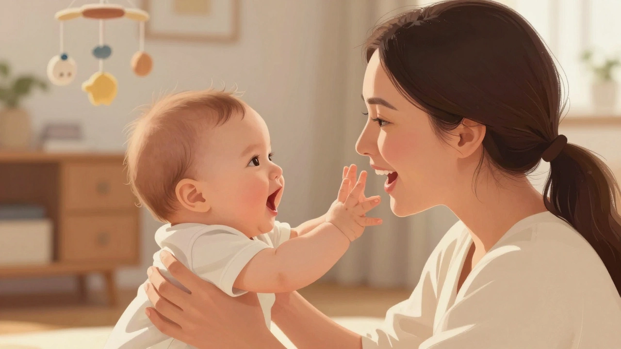 Maminka a miminko si vyměňují zvuky a pohledy při sedění na kolenou.