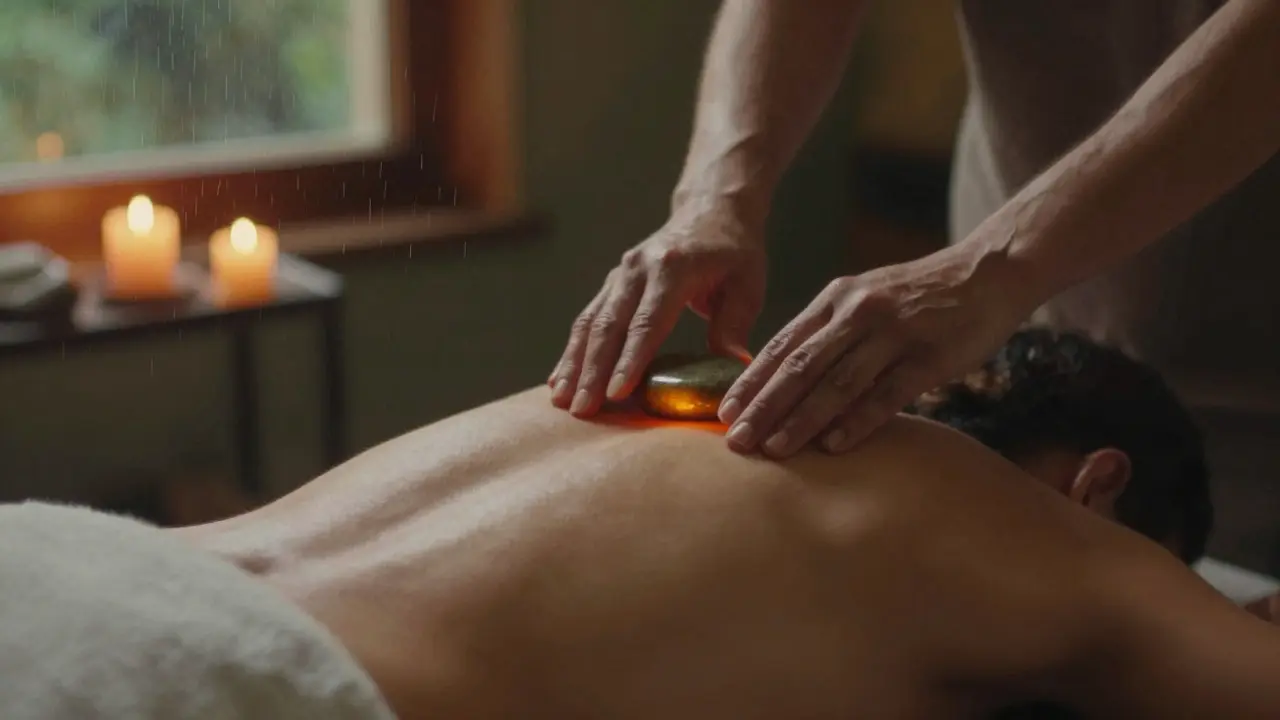 Masér pomalu posouvá horký kámen po zádech klienta v klidném prostředí.