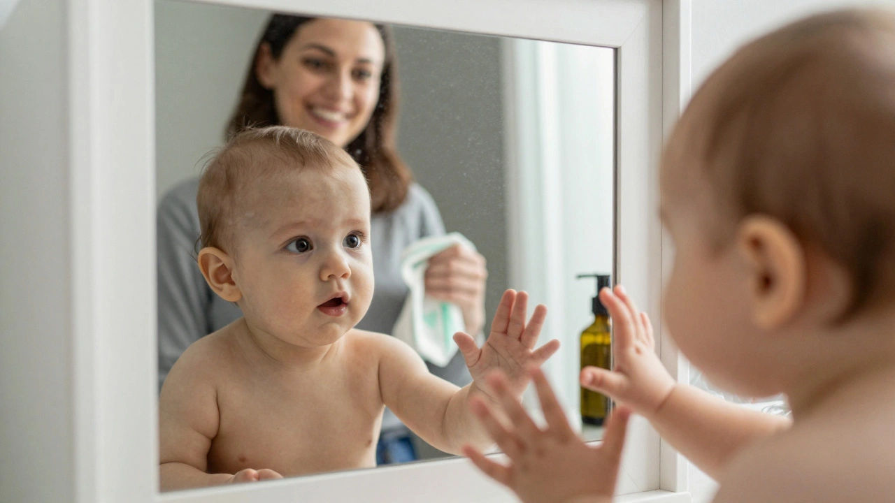 Miminko se dívá do zrcadla a pozoruje svůj vlastní obraz.