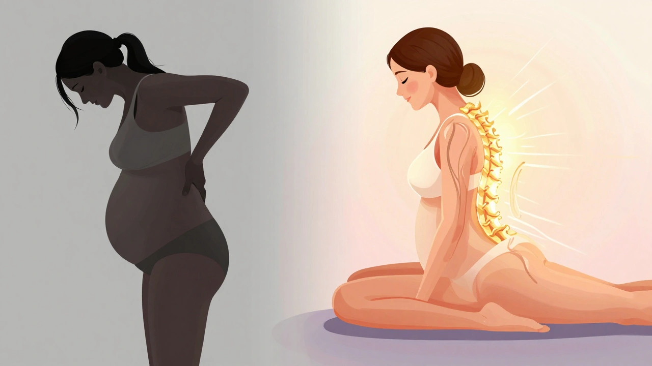 Porovnání těhotné ženy před a po masáži: napětí a únavy na jedné straně, klid a uvolnění na druhé.