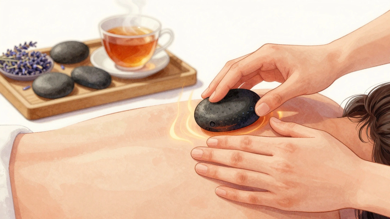 Ruce pomalu přesouvají teplý bazaltový kámen po rameni a zádech.