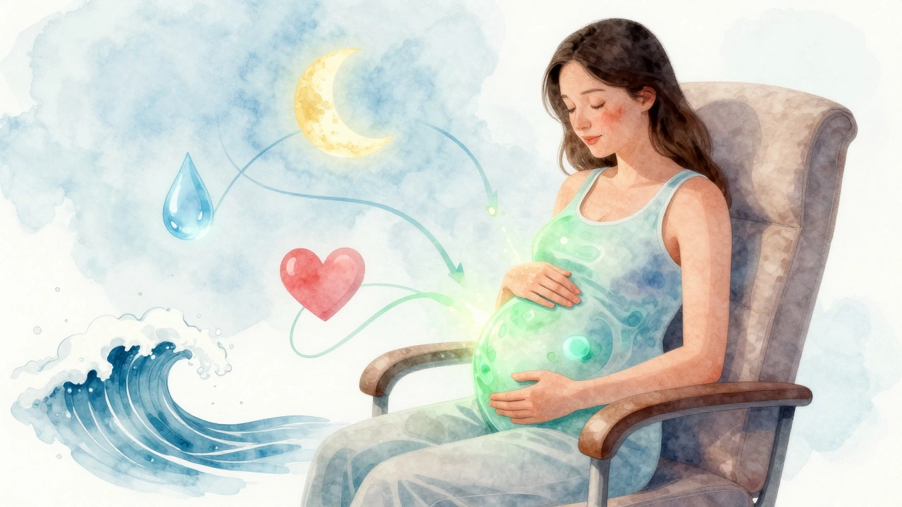 Těhotná žena v klidu, obklopená abstraktními symboly klidu, spánku a zdravého oběhu tekutin.