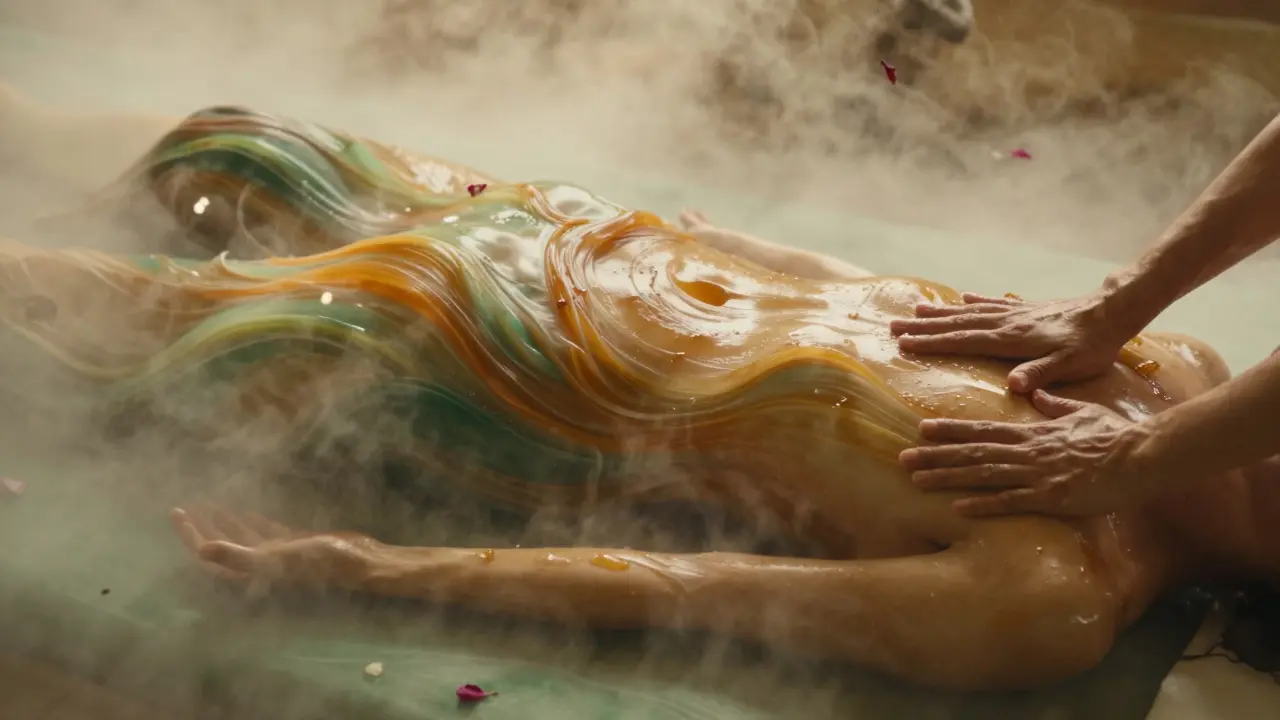 Abstraktní vlny teplých barev symbolizují rytmický pohyb masáže Lomi Lomi, který přenáší tělo do klidu.