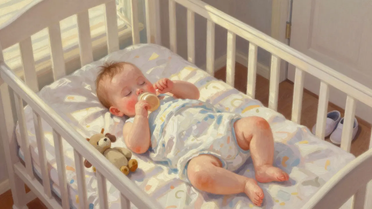 Dítě klidně spí v kočárku po krmení, slunce osvětluje pokoj.