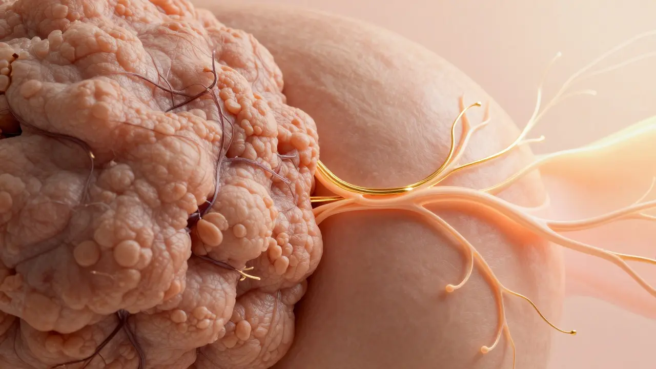 Konceptuální obrázek přeměny celulitidy: hrubá kůže se mění na hladkou s průtokem tekutin a kolagenem.