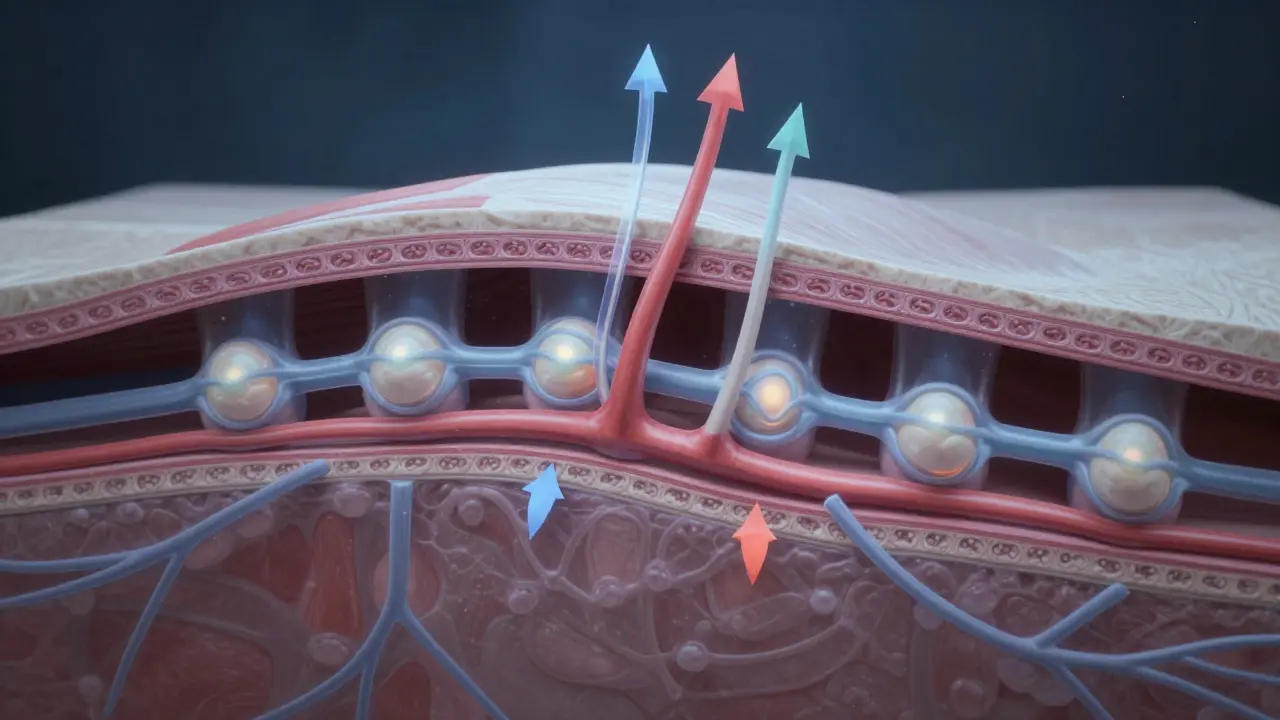 Konceptuální znázornění tkání pod kůží s vylepšeným krevním oběhem a odtokem lymfy.