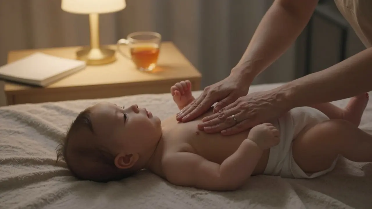 Matka masíruje bříško dítěte kruhovými pohyby, aby uvolnila plyny.