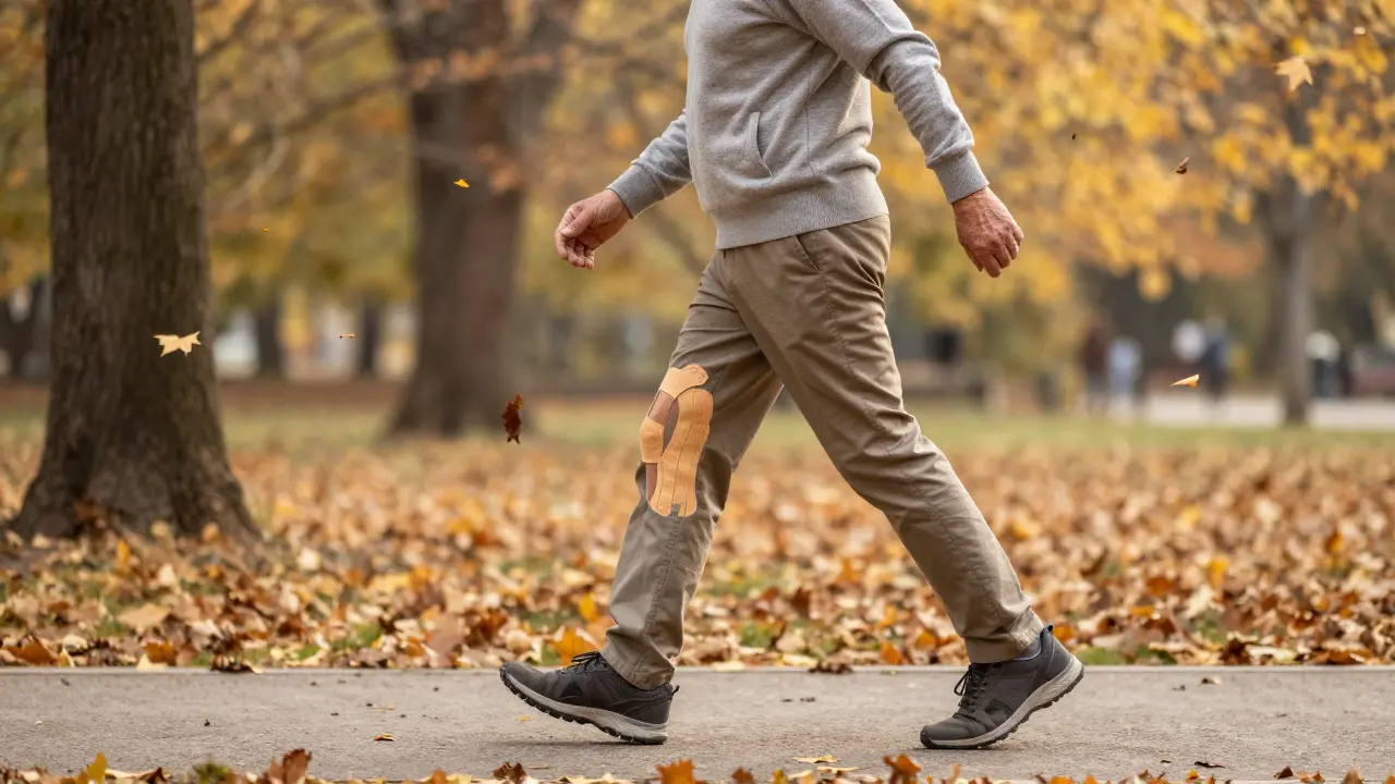 Muž ve věku 60+ klidně chodí v parku s tejpem na kolenu.