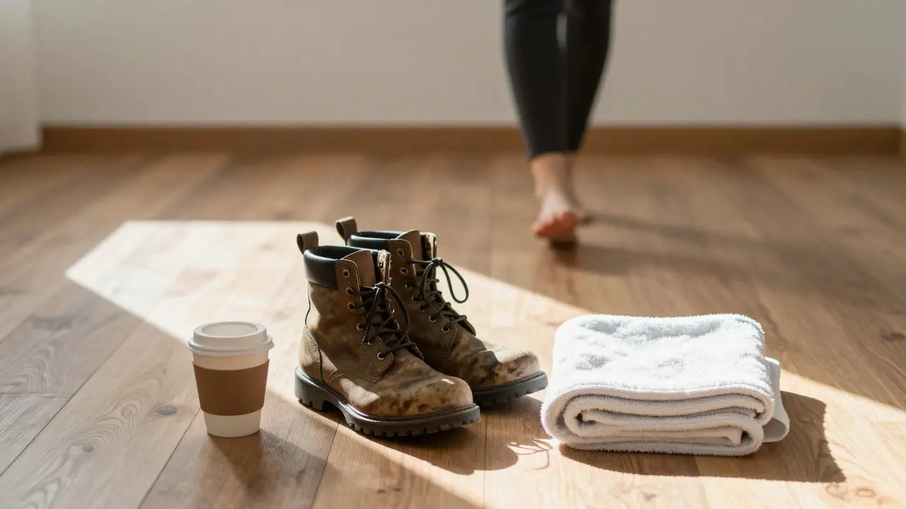 Pár bot a šálek kávy vedle složeného ručníku, sluneční paprsek osvětluje klidnou scénu obnovy.