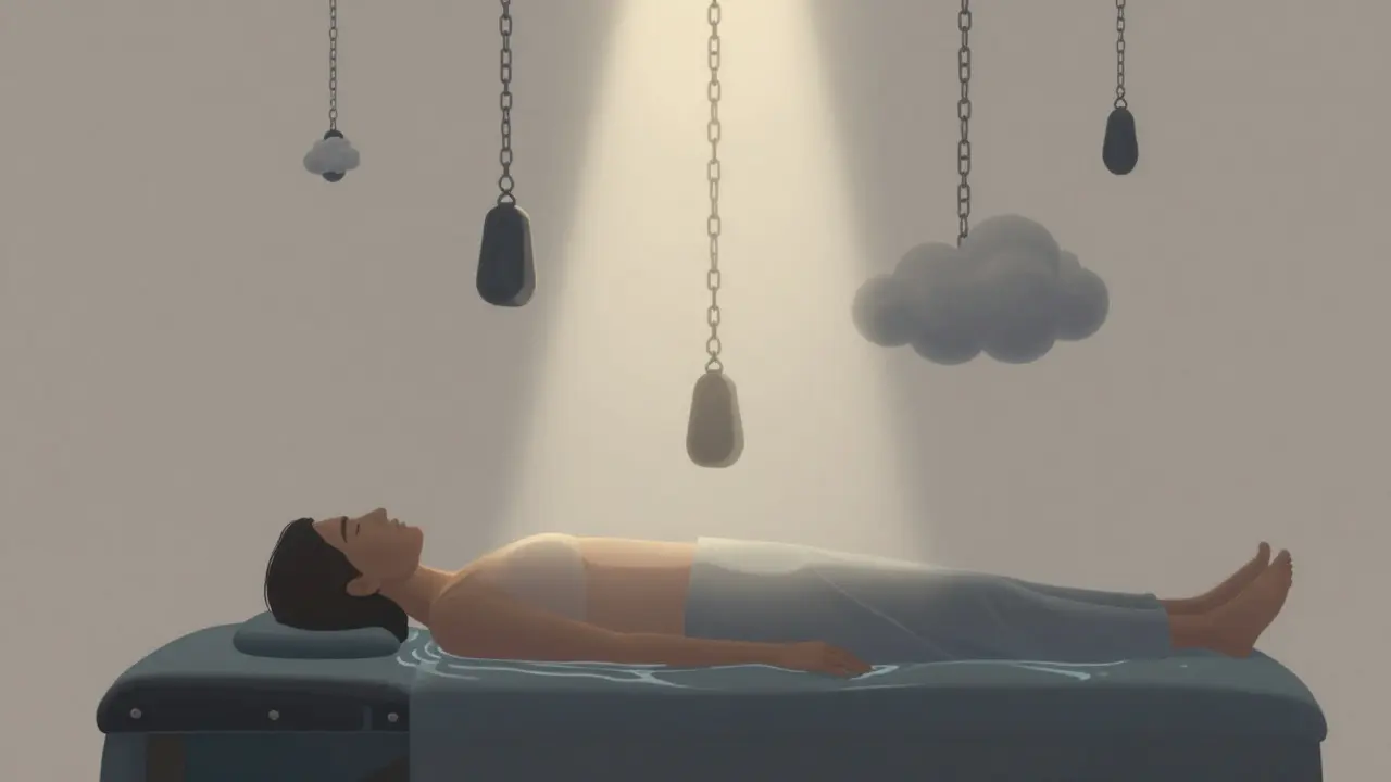 Postava se uvolňuje, zatímco neviditelné tíže odplouvají jako kouř, vyjadřující emocionální uvolnění.