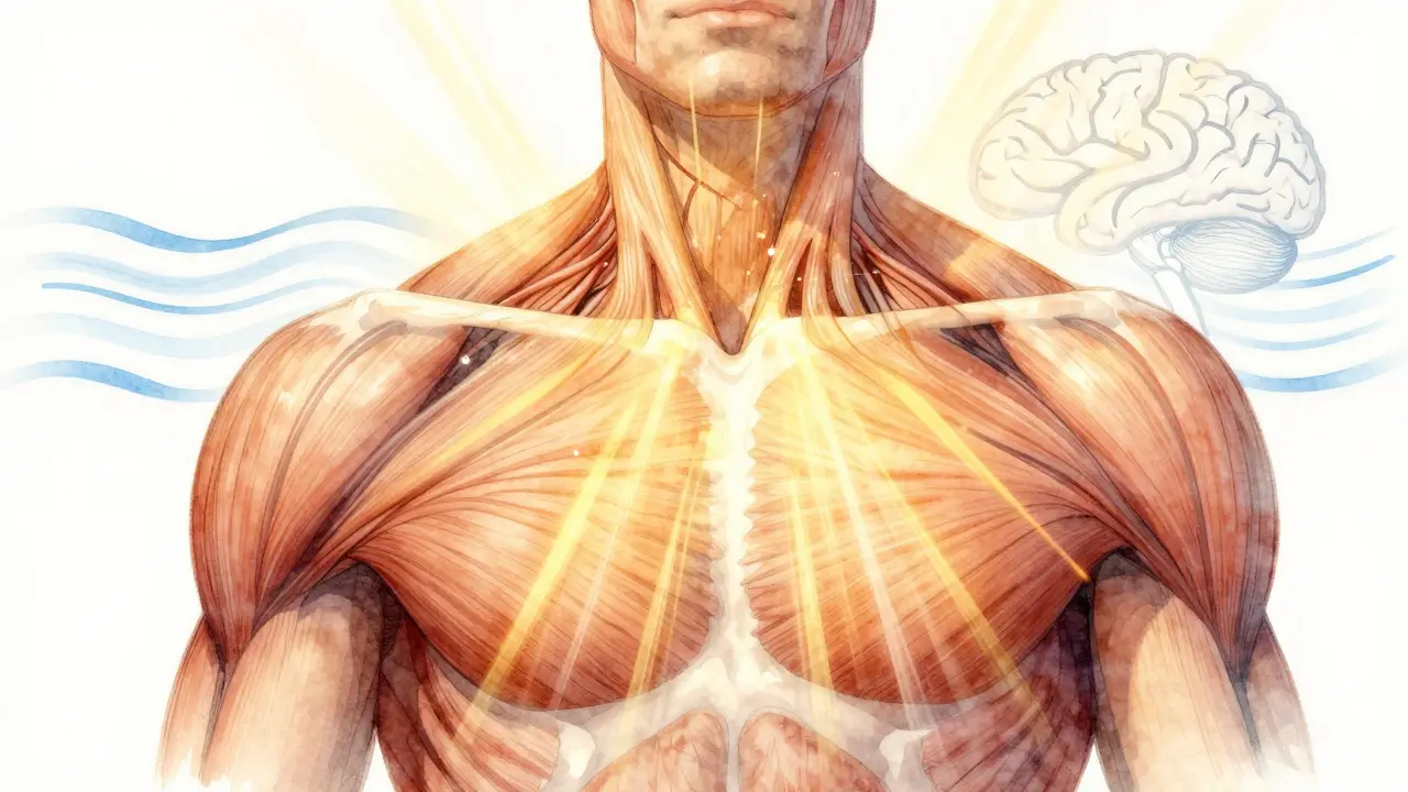 Přehled lidského těla s viditelnými napětími v ramenech, která se mění v jemné světelné vlny.