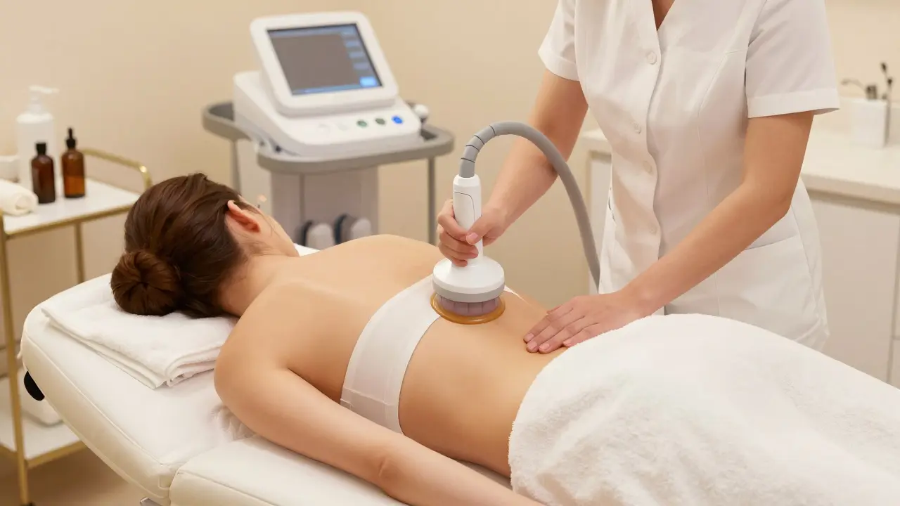 Profesionální vakuumová masáž v klinice, terapeut pracuje na bocích pacientky, klidné prostředí.