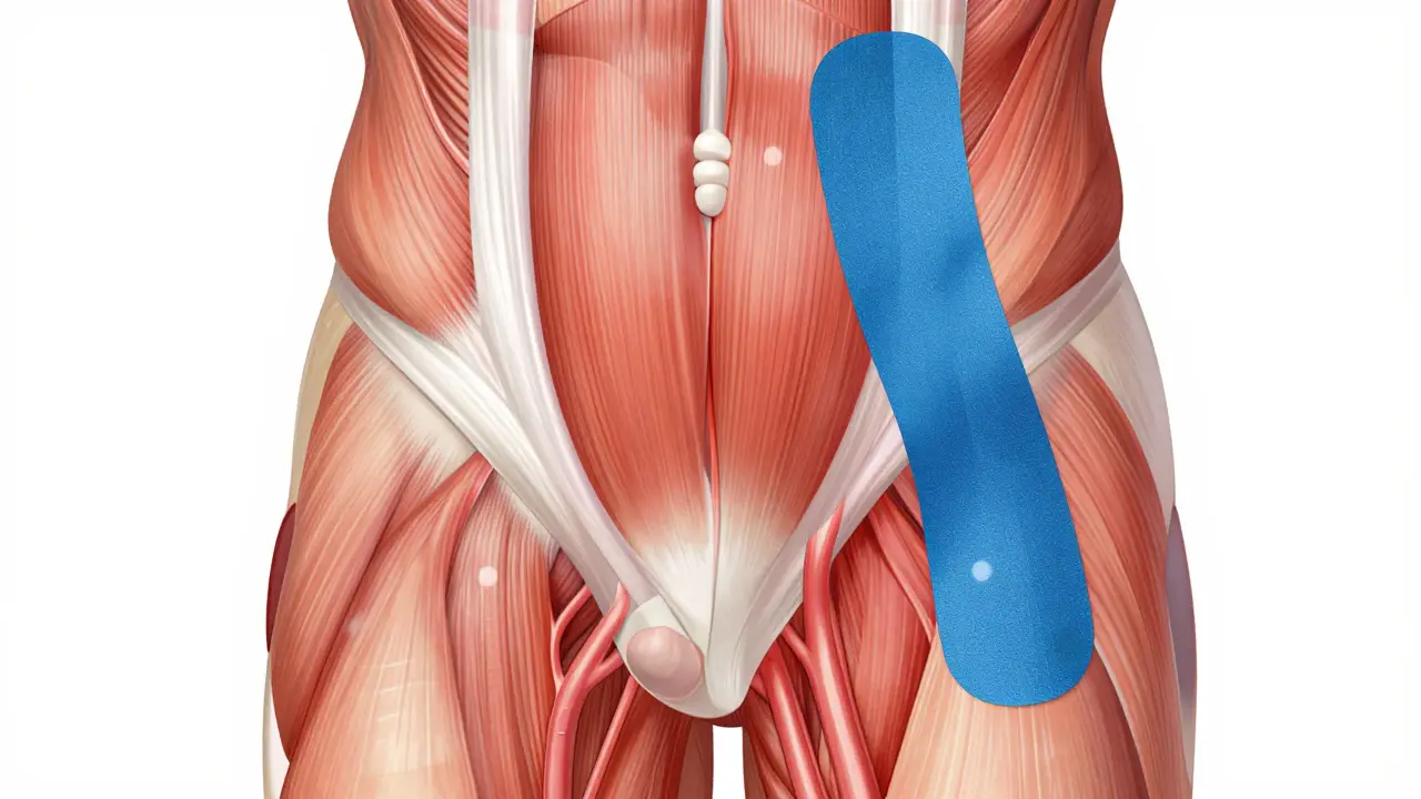 Průřez kůže a svalu ukazující, jak tejp zvyšuje prostor pro cirkulaci.