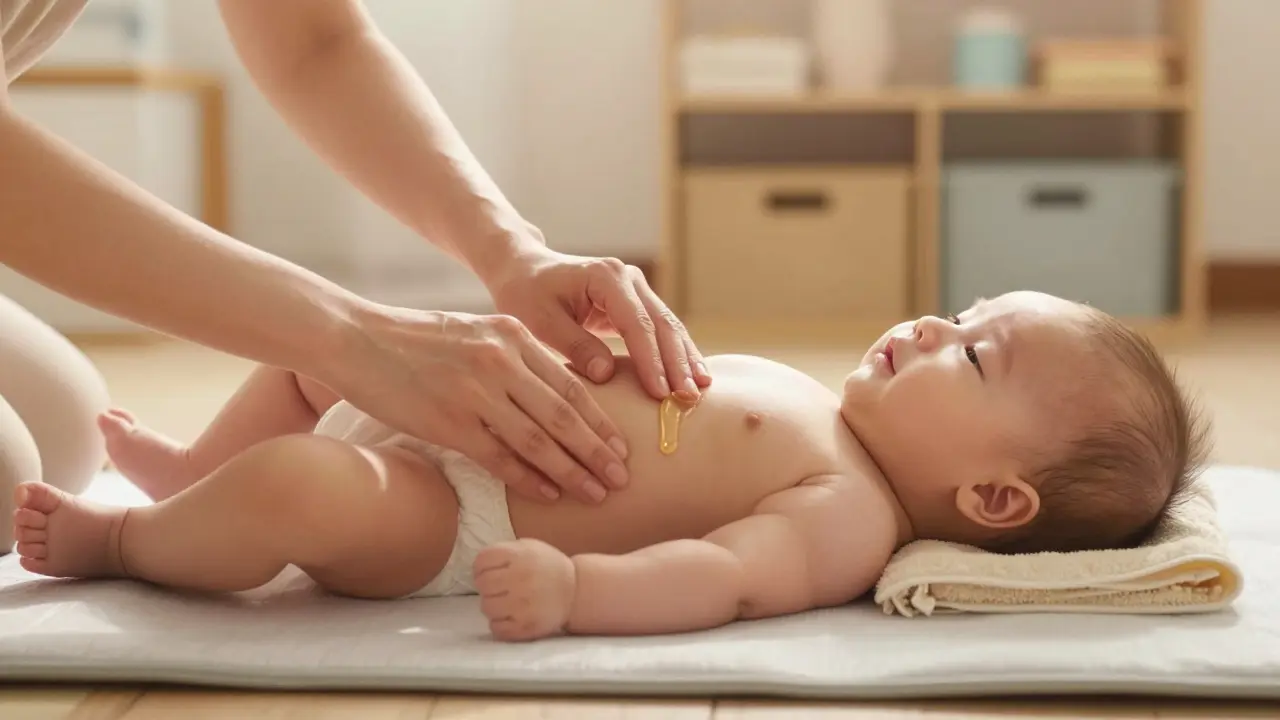 Rodič jemně masíruje bříško 6měsíčního miminka kruhovými pohyby s malým množstvím oleje.
