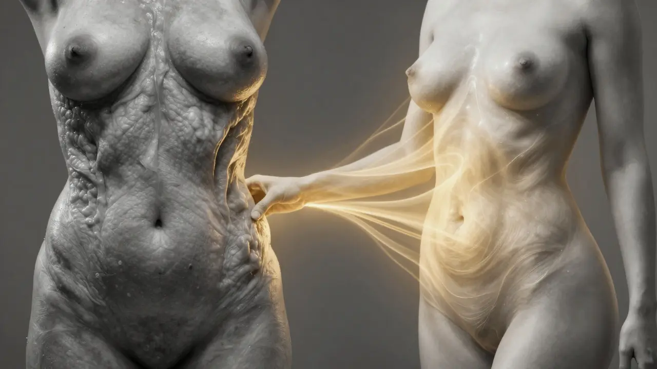 Symbolický obraz transformace těla po porodu: napjatá tkáň přeměňující se v hladkou, vyzařující energii.