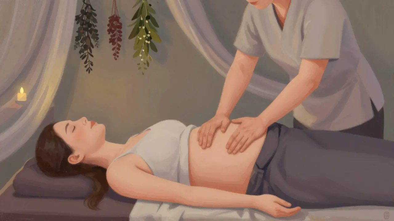 Těhotná žena dostává těhotenskou masáž s mírným osvětlením a přírodními prvky.