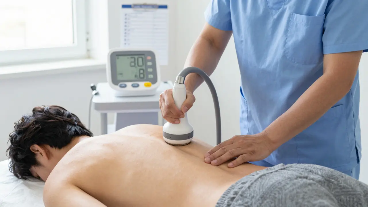 Terapeut používá vakuové zařízení na dolní část zády pacienta v klinickém prostředí.