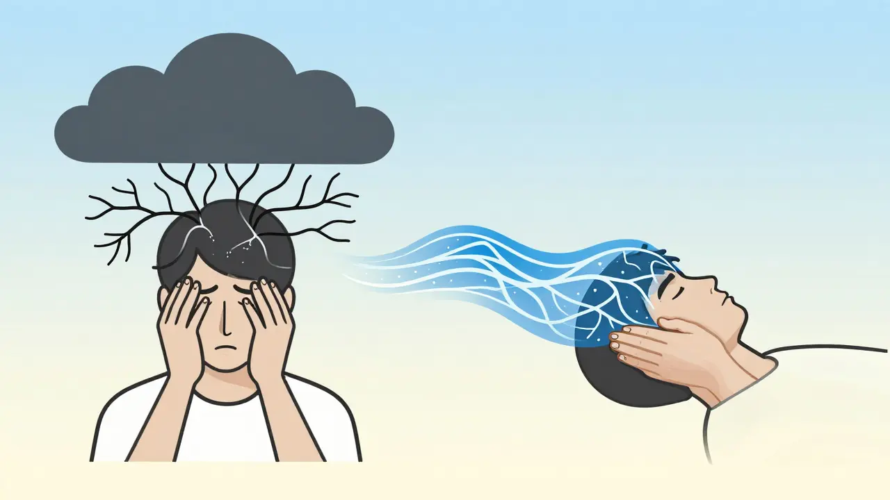 Kontrast mezi stresovanou a uvolněnou hlavou: chaos vs. klid, symbolické znázornění hormonální rovnováhy.