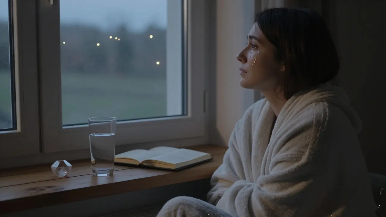 Osoba po masáži sedí v plátně, dívá se ven na soumrak, slzy na tváři.